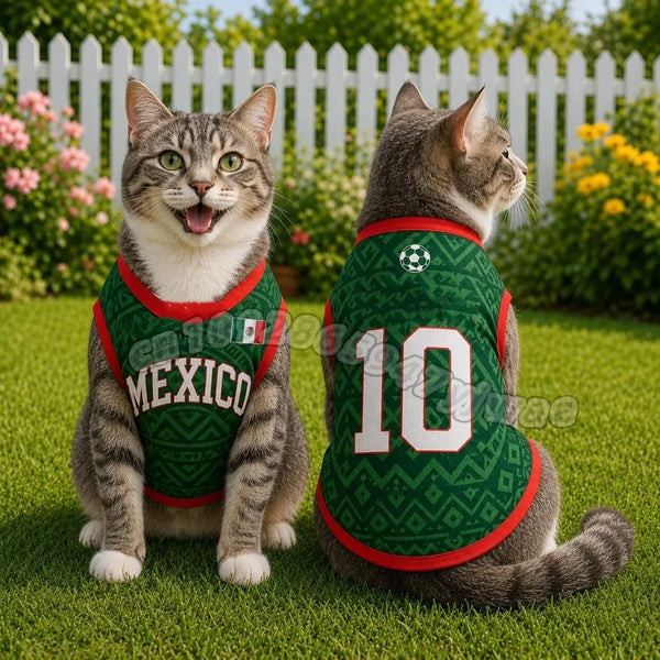 A tabby cat wearing a green and white soccer jersey with the number 10 sits on green grass.
