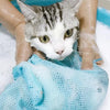 A tabby kitten is being gently groomed or bathed by a person using a light blue reusable mesh bag.