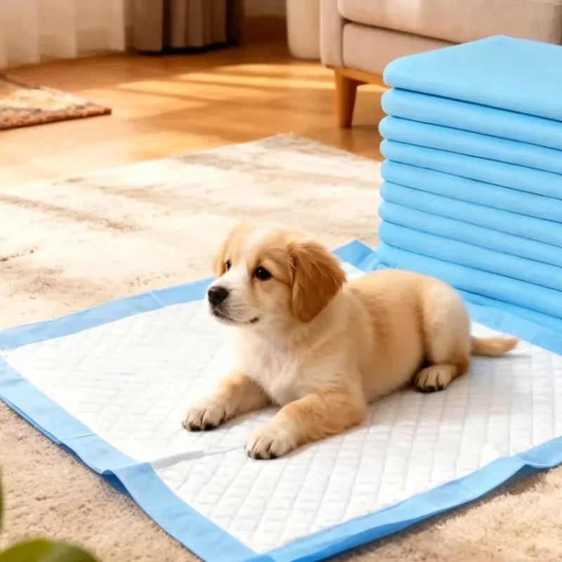 A light brown puppy is lying on a white pet training pad with blue trim, next to a stack of blue pads.