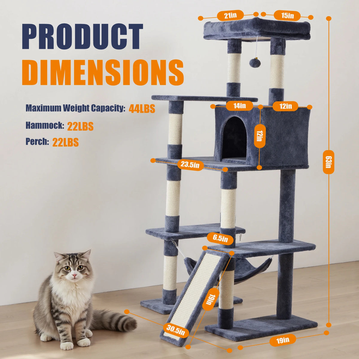 A multi-level cat tree with scratching posts and a cozy condo is shown with various dimensions marked.