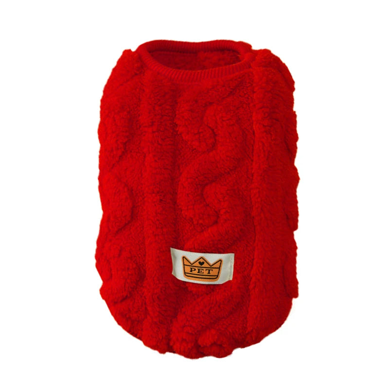 A bright red, fuzzy fleece pullover sweatshirt designed for small dogs and cats.