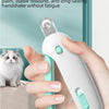 A hand holds a white pet nail clipper with a curved handle, demonstrating its use for grooming.