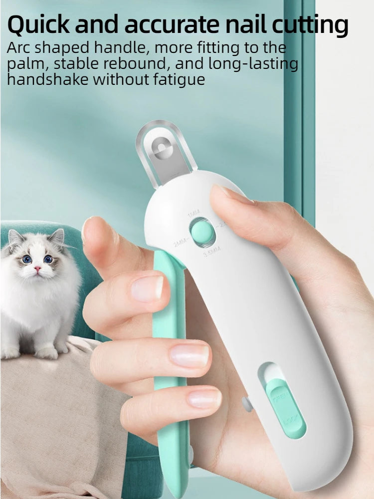 A hand holds a white pet nail clipper with a curved handle, demonstrating its use for grooming.