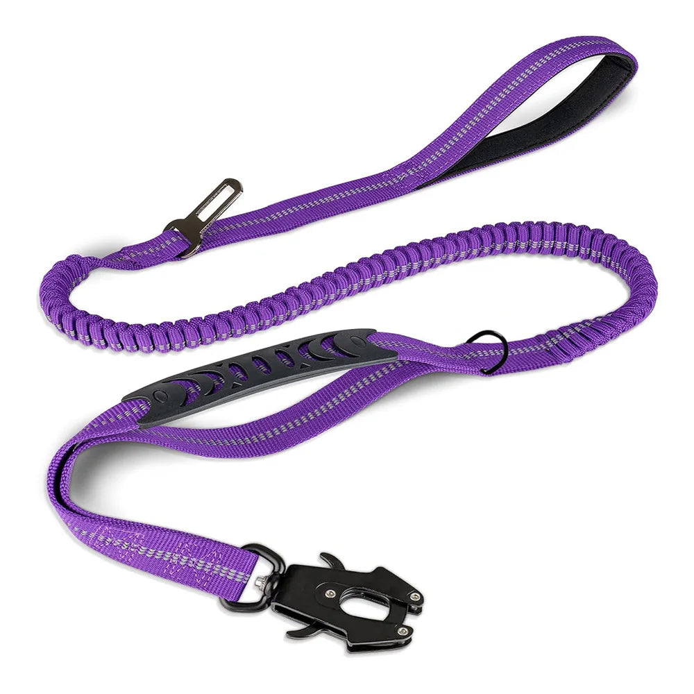 Purple tactical dog leash with a black buckle and nylon strap.