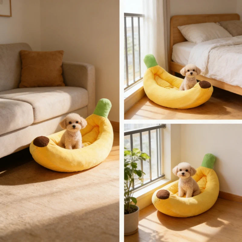 A yellow banana-shaped plush pet bed with green accents is shown for a dog in a bright room.