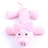 Pink plush toy shaped like a dragon or dinosaur with pink ears and a striped body