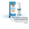 A bottle of Pet Stain & Strong Odor Eliminator spray with a white pump dispenser and a blue and white label.