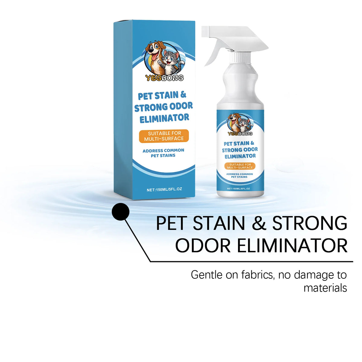 A bottle of Pet Stain & Strong Odor Eliminator spray with a white pump dispenser and a blue and white label.
