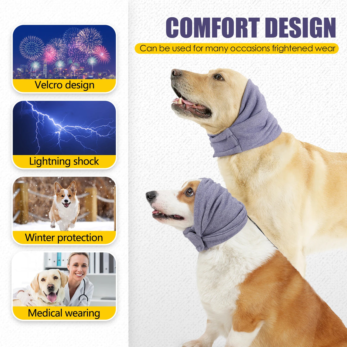 Ein Golden Retriever mit lila Stoff-Kapuze und Ohrenbedeckungen, das Komfortdesign demonstriert.