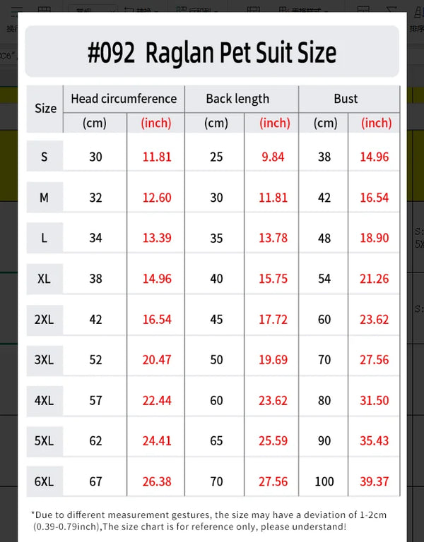 Size chart for Raglan Pet Suit showing measurements for various sizes S to 6XL