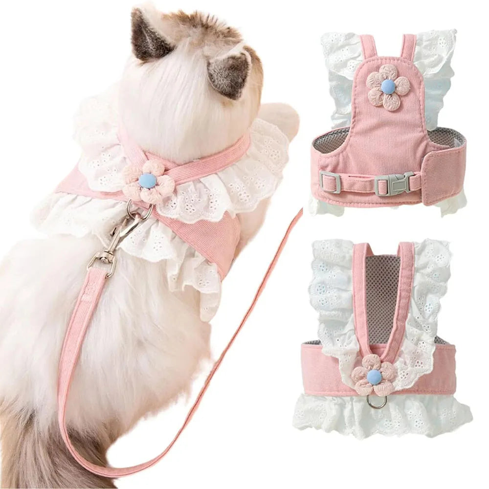 Pink and white elegant princess cat harness and leash set with floral accents