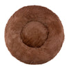 A round, brown, ultra-soft plush pet bed for dogs and cats.