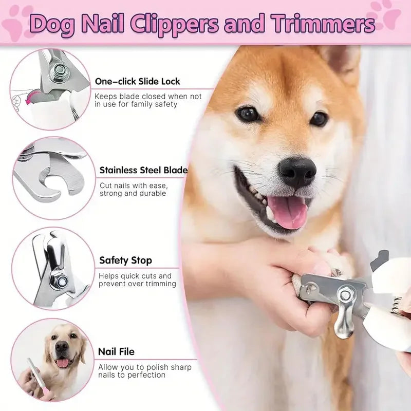 Un perro interactuando con unas tijeras y recortadoras de uñas de acero inoxidable para el aseo de mascotas.