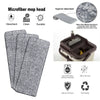 A set of gray microfiber mop heads shown with features like absorbency, cleanliness, durability, and eco-friendliness.