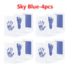 Four sky blue baby handprint and footprint kits displayed on a white background.