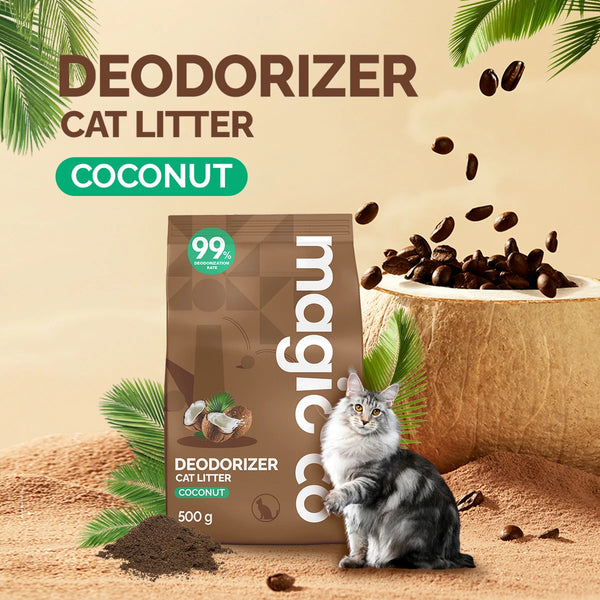 A brown bag of Coconut deodorizer cat litter powder with green leaves and coffee beans scattered around.