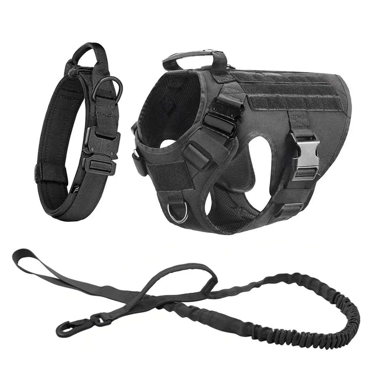 Black tactical dog harness featuring a collar and MOLLE pouches.