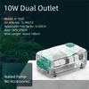 A clear acrylic 10W dual outlet air pump with a green component is shown on a white surface.