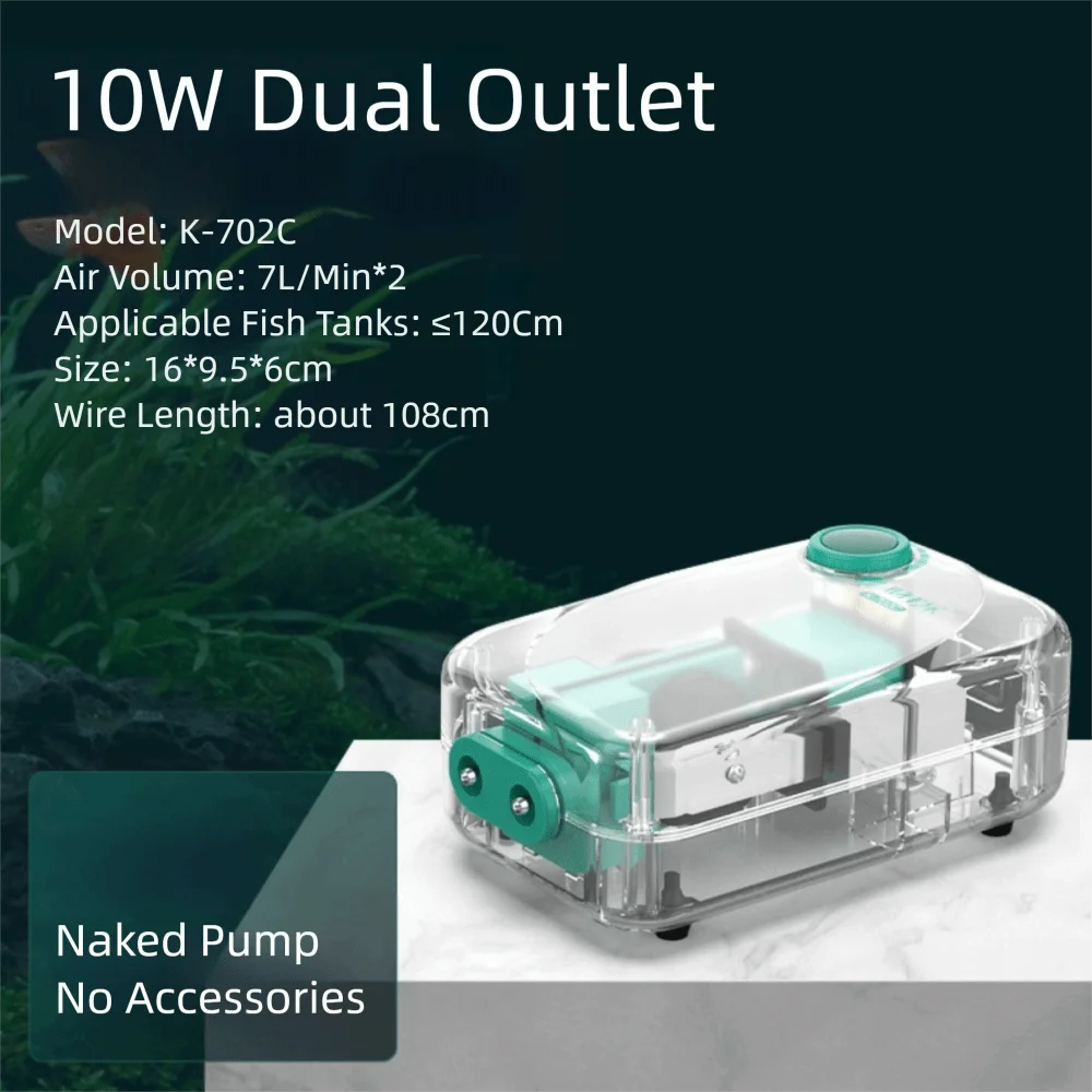 A clear acrylic 10W dual outlet air pump with a green component is shown on a white surface.