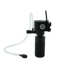 A black 3-in-1 aquarium filter pump with a clear tubing connection.