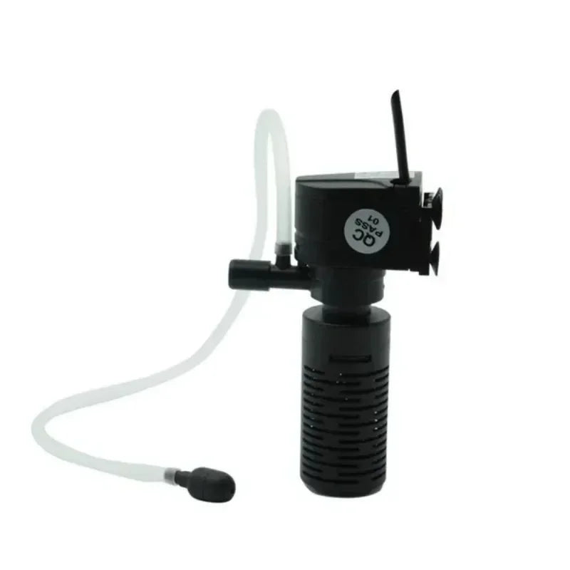 A black 3-in-1 aquarium filter pump with a clear tubing connection.