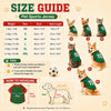 Size guide and measurement instructions for a pet sports jersey featuring a dog soccer theme.