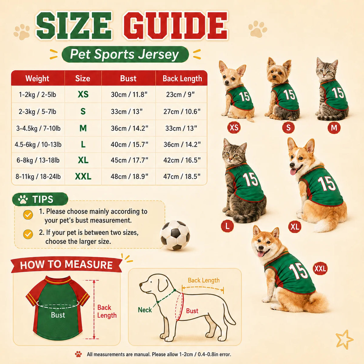 Size guide and measurement instructions for a pet sports jersey featuring a dog soccer theme.