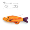 An orange and purple striped fish plush toy for cats, shown next to a size diagram.