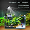 A clear glass fish tank featuring green aquatic plants illuminated by a USB clip-on LED light.