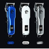 Trois versions d'un coupe-poils sans fil pour animaux de compagnie, pour chiens et chats, en bleu, blanc et argent.