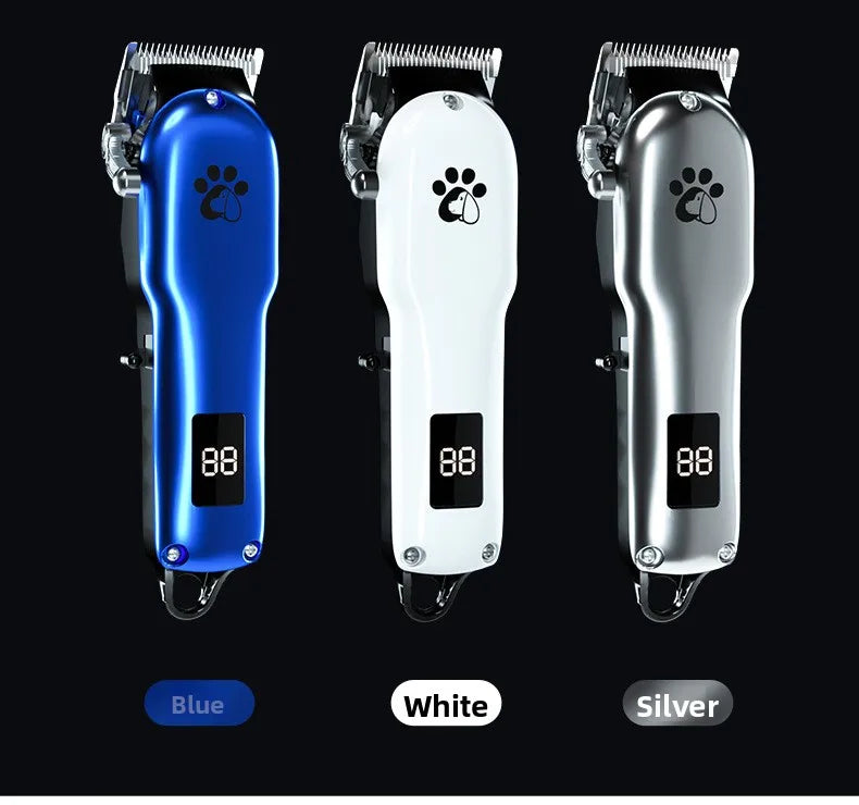 Trois versions d'un coupe-poils sans fil pour animaux de compagnie, pour chiens et chats, en bleu, blanc et argent.