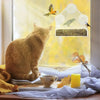 Un chat tigré est assis près d'une mangeoire à oiseaux transparente avec ventouses, contenant de petits oiseaux.