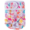 Reusable female dog diapers featuring colorful cartoon animals in pink, purple, and blue patterns.