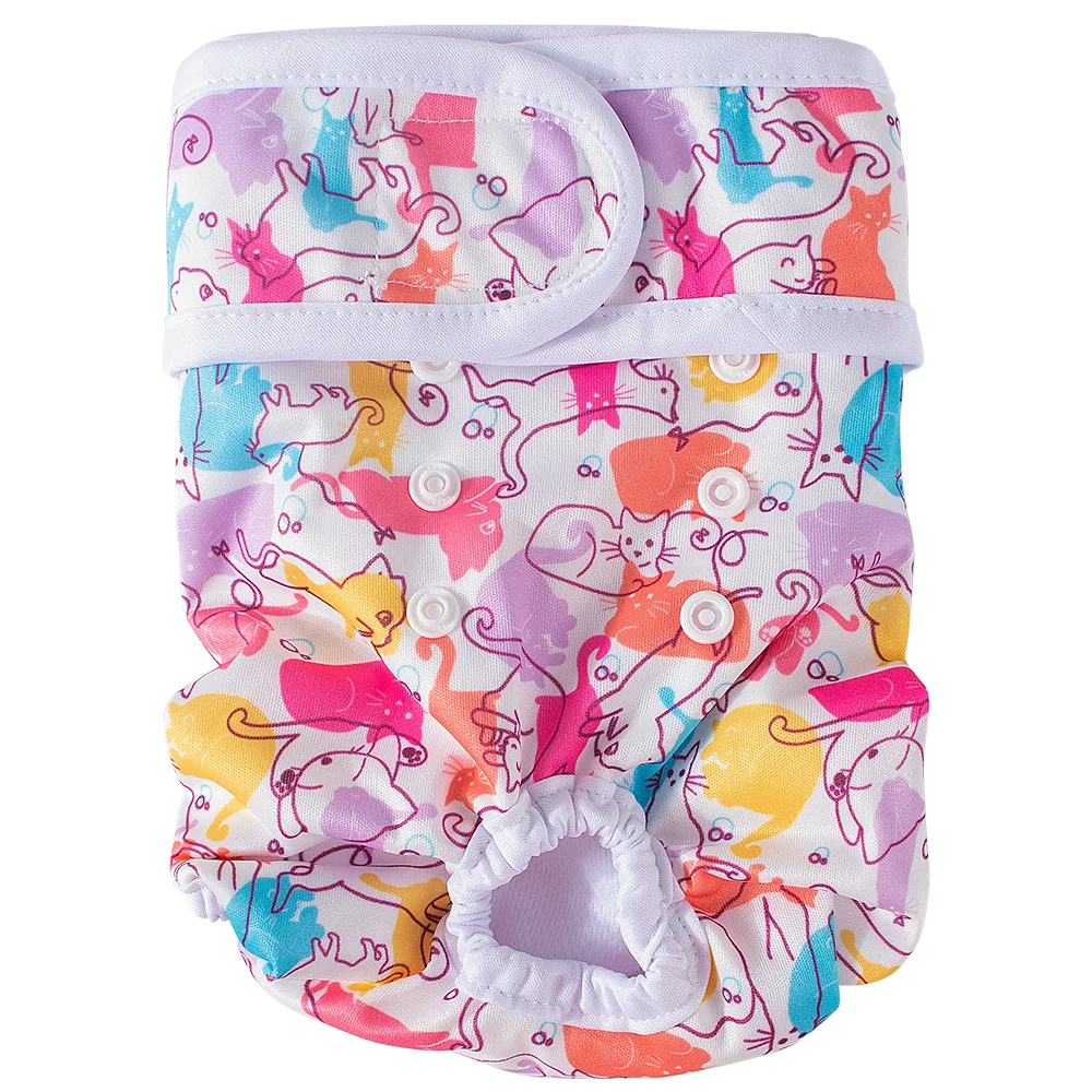 Reusable female dog diapers featuring colorful cartoon animals in pink, purple, and blue patterns.