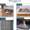 A reusable washable dog pee pad shown in various uses including on the floor, on a sofa, in a toilet, and on a car seat.