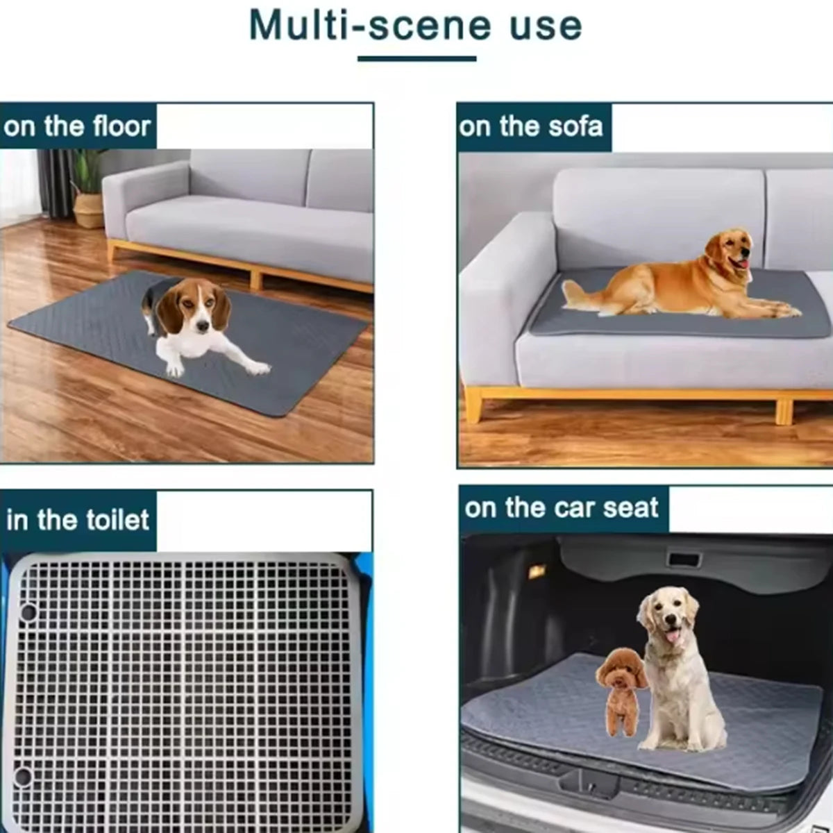 A reusable washable dog pee pad shown in various uses including on the floor, on a sofa, in a toilet, and on a car seat.