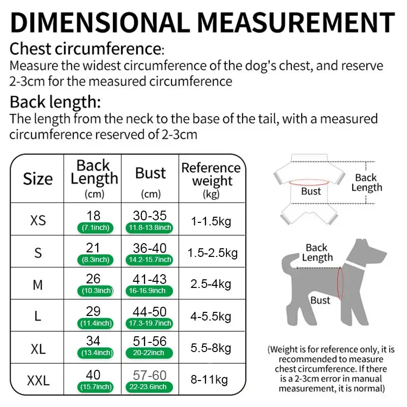 Tableau des tailles détaillant les mesures dimensionnelles pour un sweat à capuche pour chien en polaire d'hiver, incluant la