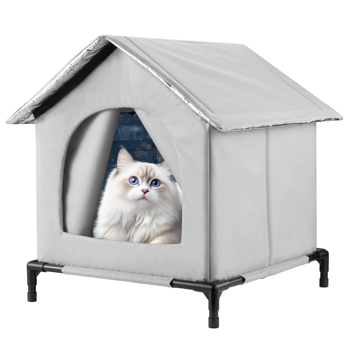 A gray insulated cat house with a pitched roof and an entrance, featuring a cat looking out.