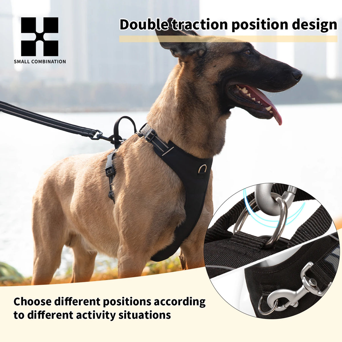 A German Shepherd wearing a black dog harness designed for double traction position changes.