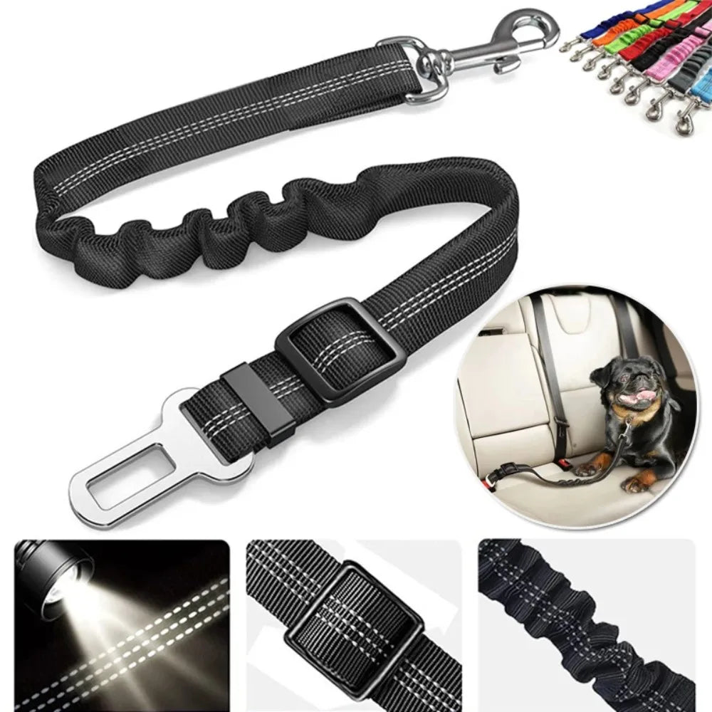 A set of black reflective dog seat belts and an adjustable nylon harness for pets.