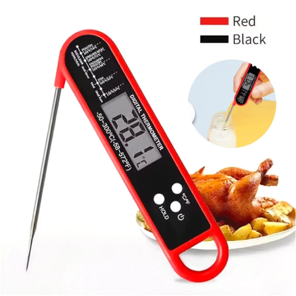 A red digital meat thermometer is shown next to a roasted chicken, measuring the internal temperature.
