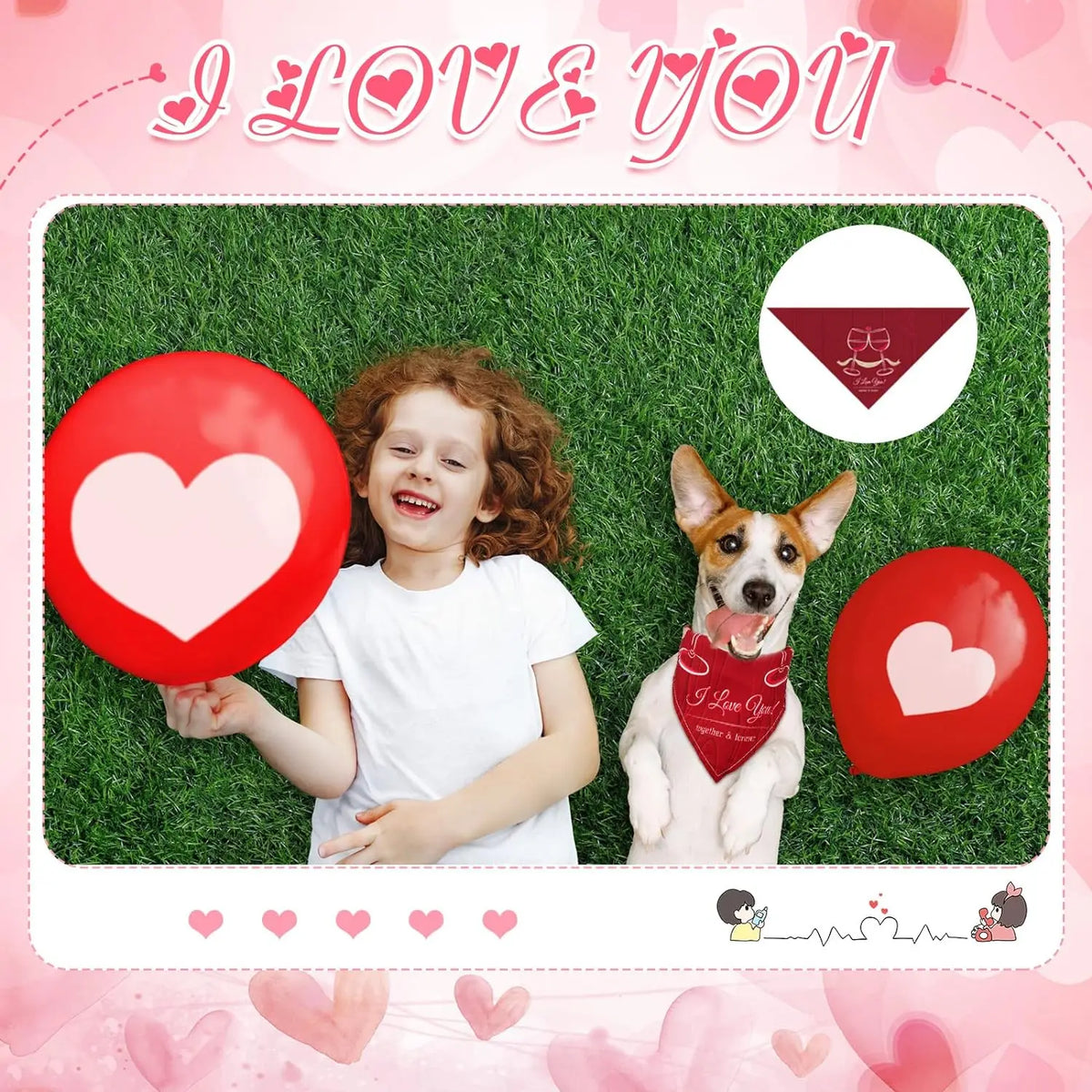 A child holding a red heart balloon next to a dog wearing a red bandana with a floral pattern.
