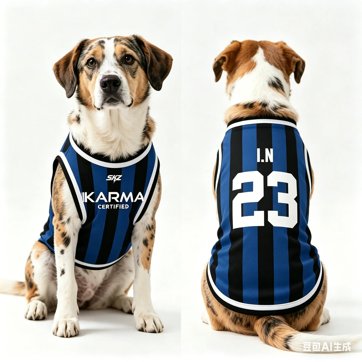A brown and white dog wearing a blue and black striped tank top for summer walks.