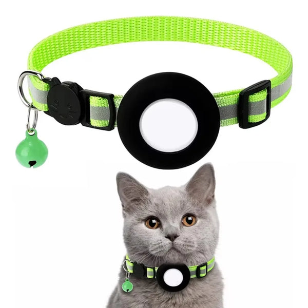 A gray cat is wearing a bright lime green reflective collar with a black AirTag holder and breakaway buckle.