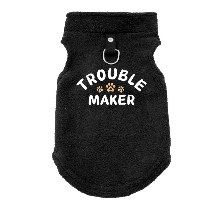 Black cozy winter pet jacket for dogs with a loop closure.