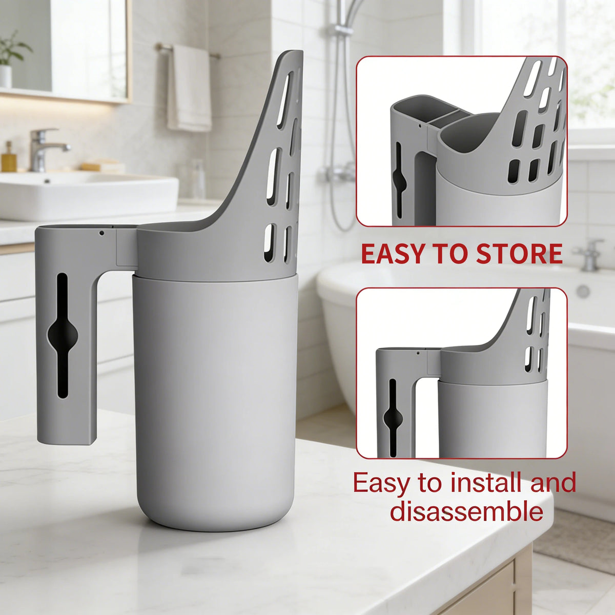 A gray 2-in-1 cat litter scoop and sifter with a handle, shown next to installation instructions.