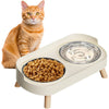 An orange tabby cat looks at an elevated feeding station holding dry food and a glass water bowl.
