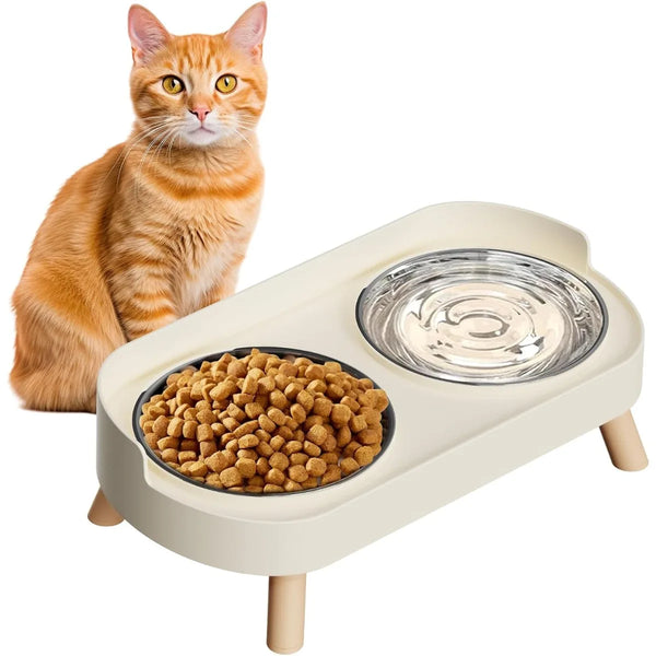 An orange tabby cat looks at an elevated feeding station holding dry food and a glass water bowl.