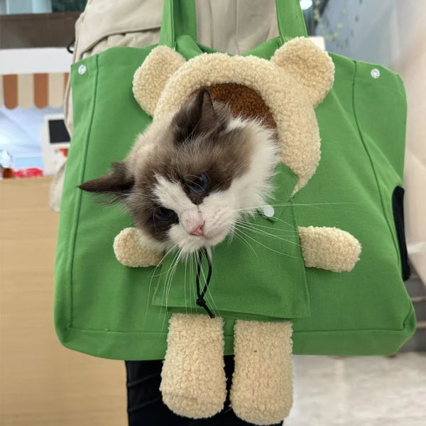 A fluffy gray and white kitten is peeking out of a green pet carrier backpack.