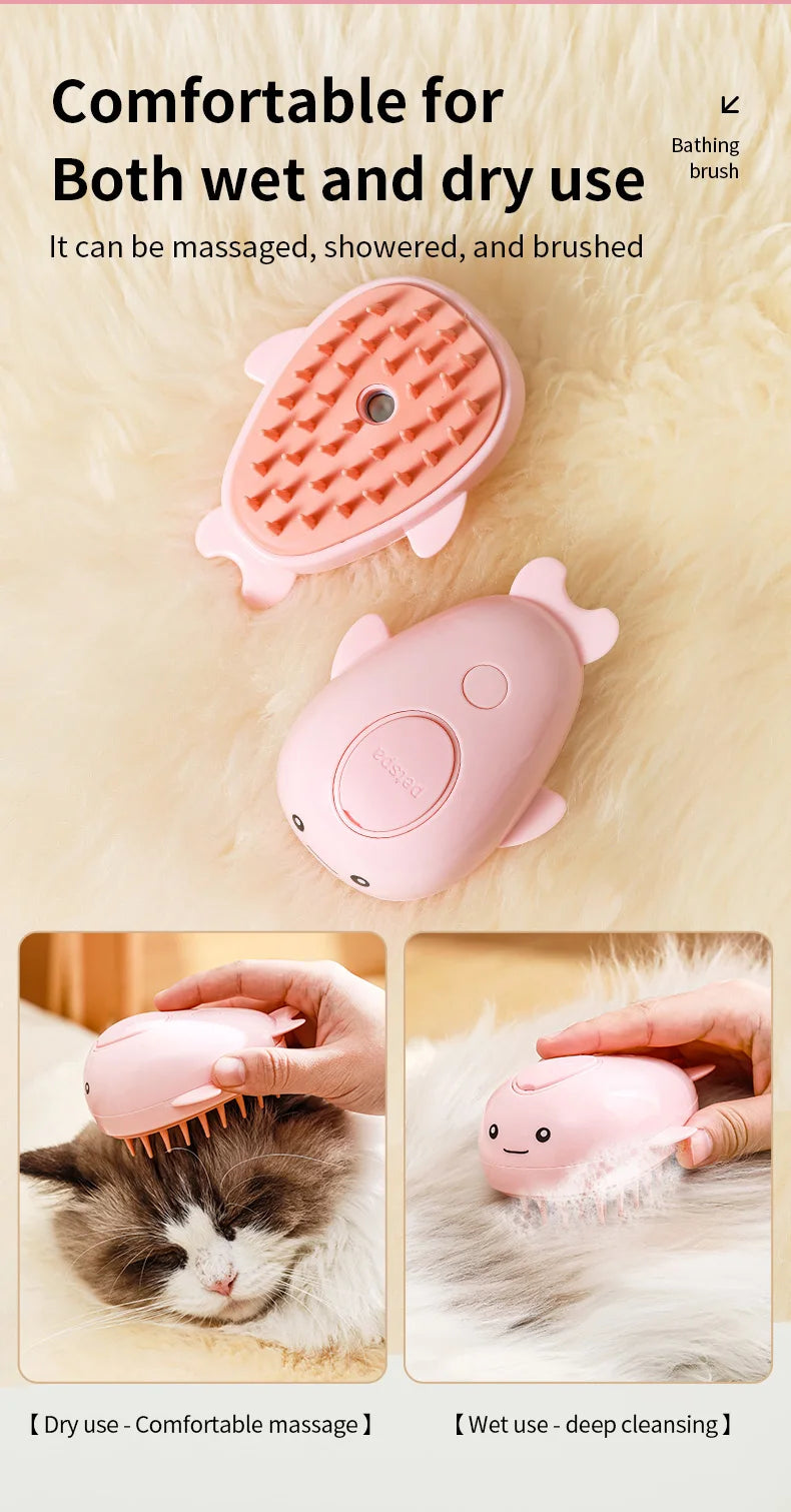 Pink electric pet grooming brush used for massaging, showering, and brushing pets.